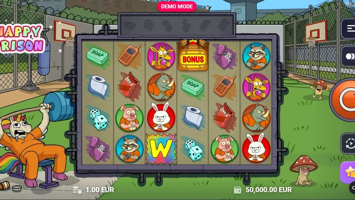 Tampilan visual slot Happy Prison dengan tema penjara kartun