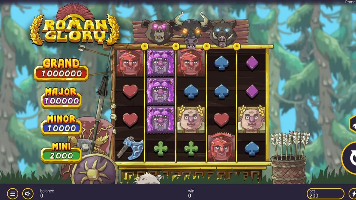 Tampilan visual slot Roman Glory dengan tema hutan dan prajurit Romawi